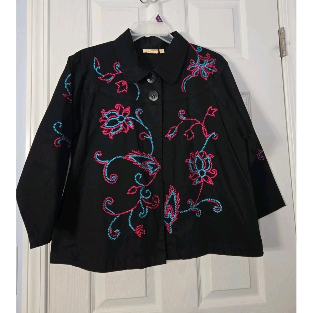 CHOICES Women's Embroidered Floral Black White Jacket Stretch Size Large
